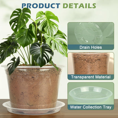 WTXHOP 6/8/10 Inch Large Size Clear Nursery Pots with Drainage and Saucers, 9 Pack Plastic Plant Pots for Seedling Starter, Durable Plastic Pots for Indoors