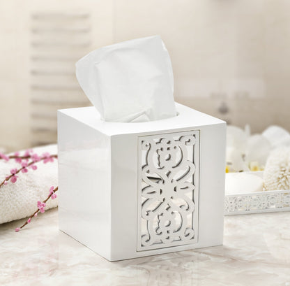 Creative Scents Mirror Janette White Tissue Box Cover Square - Decorative Square Tissue Box Holder for Bathroom with Durable Bottom Slider - Beautiful Mirrored Tissue Holder for Bathroom