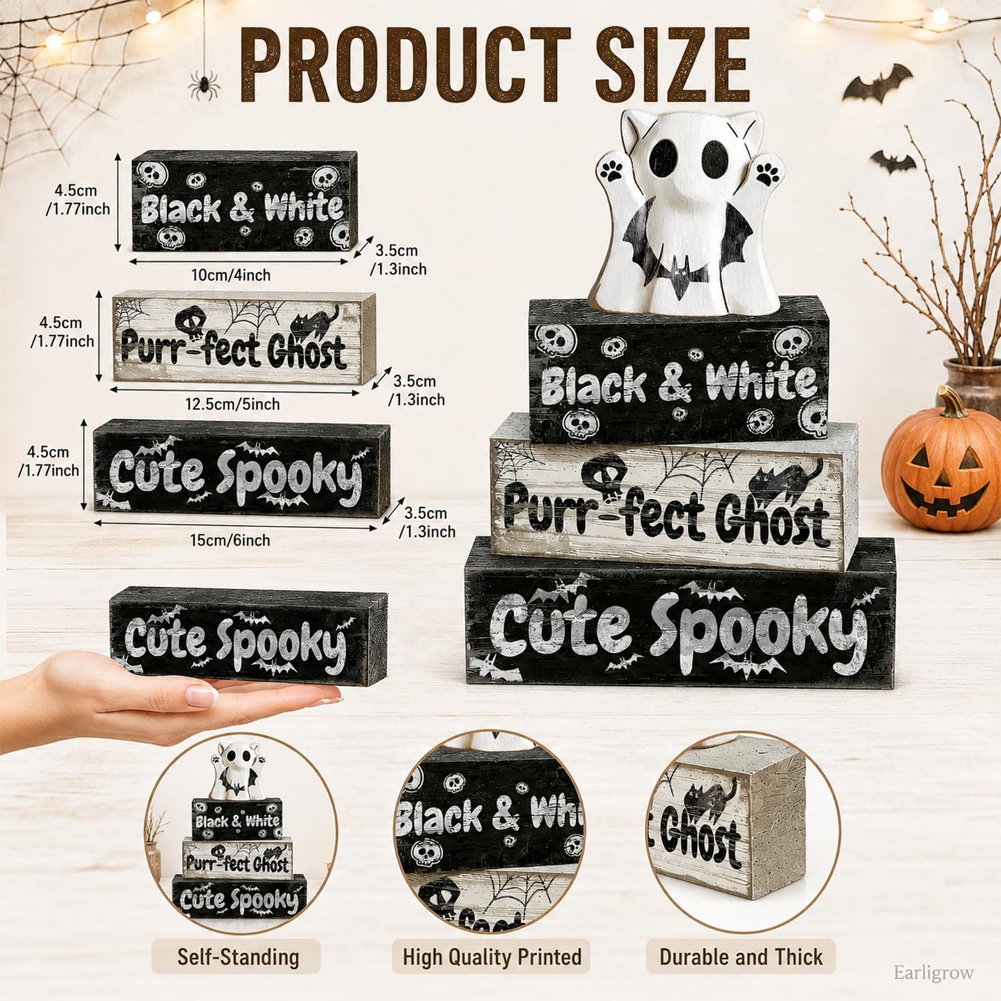 4 Pcs Ghost Cat Halloween Decor Black and White Halloween Tiered Tray Decorations Cute Spooky Rustic Wooden Blocks with Skull Bats Spider Webs Farmhouse Table Centerpiece for Home Office Desk Shelf Mantel Coffee Bar