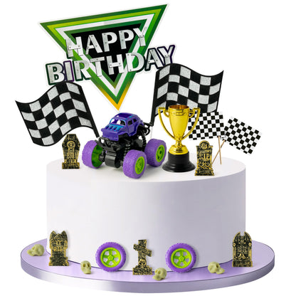 Haooryx Monster Truck Cake Topper - 40Pcs Green and Purple Monster Truck Cake Decoration Racing Car Dessert Cupcake Topper for Kid Boy Birthday Truck Theme Party Baby Shower Table Decoration Supply