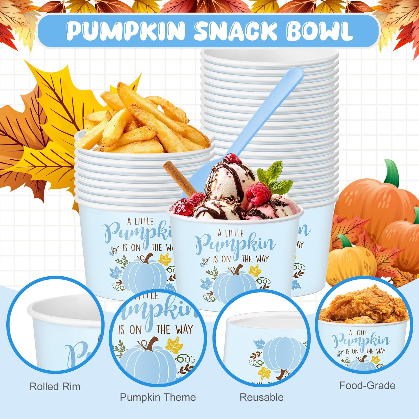 Yungyan 48 Pcs Fall Little Pumpkin Baby Shower Treat Snack Cups 9oz Disposable Ice Cream Bowls Party Supplies Thanksgiving Autumn Paper Cups with Spoons Maple Leaves Dessert Bowl for Hot Cold(Blue)