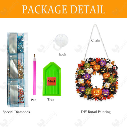 Yunzlly DIY Hanging Halloween Diamond Art Pendant Kit, Special Crystal Pumpkin Diamonds Painting Ornament Kit for Adults Acrylic Board Gem Painting Kit (Pumpkin Wreath)