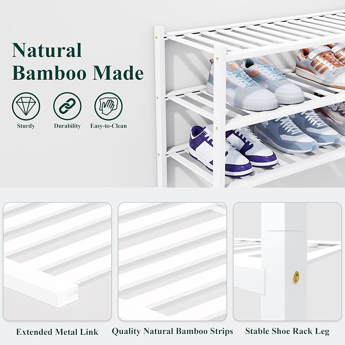 Smiry Bamboo Shoe Rack, 6 Tier Free Standing Wooden Shoe Organizer, Stackable Wood Shoe Storage Shelf for Closet, Entryway, 14 Vertical Slats, 2+2+2 Stack Heavy-Duty Legs, 26.8"x11"x39", White