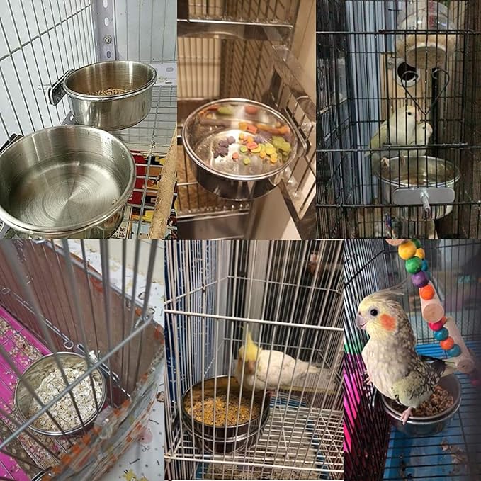 PINVNBY Bird Feeding Dish Cups,5.5x2.0 Inches Parrot Stainless Steel Food Water Dish Perch Stand Platform Paw Grinding Toy Feeder Cage Bowl with Clamp Holder for Budgies Parakeet Macaw(5 Pack L)