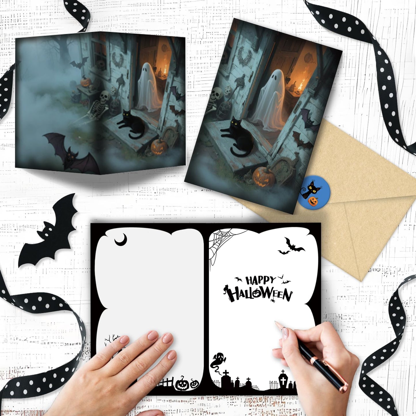 SuperShunhu 24 Pack Black Cat & Ghost Themed Halloween Card Set, Boxed Halloween Cards for Friends and Family, Spooky Blank Note Cards with Cats and Ghosts, 4 * 6 in