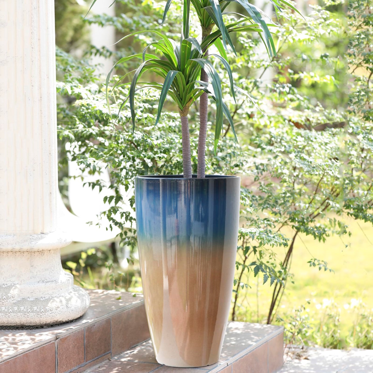 SE SUN-E Tall Planters for Outdoor Plants, Heavy-Duty Plastic Lightweight Flower Pots Blue to Khaki Gradient Garden Pots Porch Planters Outdoor Set of 2 Gifts for Plant Lovers
