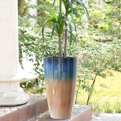 SE SUN-E Tall Planters for Outdoor Plants, Heavy-Duty Plastic Lightweight Flower Pots Blue to Khaki Gradient Garden Pots Porch Planters Outdoor Set of 2 Gifts for Plant Lovers