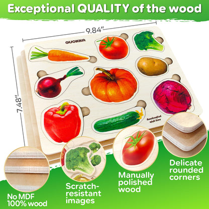 QUOKKA Wooden Puzzles for Toddlers 1-3 – 3xSET Kids Puzzles Ages 2-4 – Montessori Toy Puzzle for Toddlers 3-5 – Wood Toy Learning Realistic Fruits - Cars - Vegetables for Boy and Girl