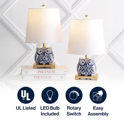 JONATHAN Y 16" Blue/White Ceramic Owl Mini Table Lamp for Bedroom or Office, Modern Farmhouse Nightstand Lamp with White Linen Shade, LED Bulb Included (JYL3014A-SET2)
