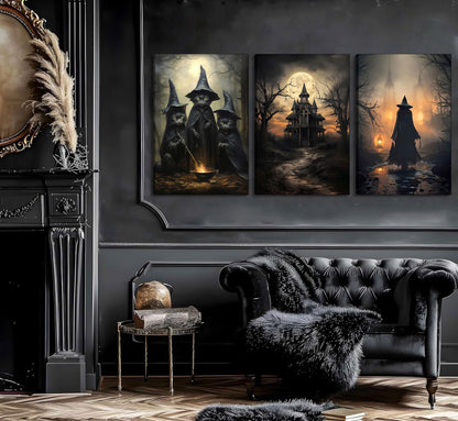 3pcs Halloween Canvas Wall Art Dark Academia Scary Witch Black Cat Castle Wall Decor Pictures Thriller Horror Gothic Posters Prints for Halloween Party House Decoration Prepare to hang