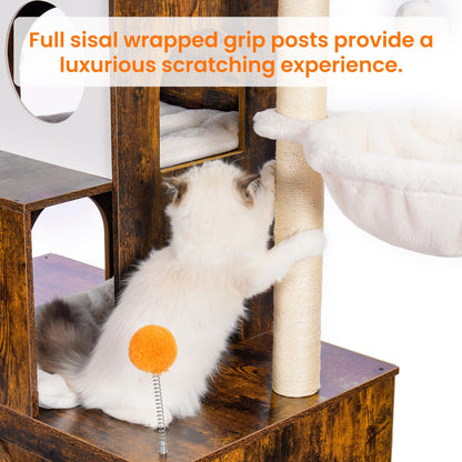 Heybly Cat Tree with Litter Box Enclosure for Indoor Big Cat, Cat Tower for Large Cats 20lbs Heavy Duty, Modern Cat Condo Furniture with Scratching Posts, Rustic Brown HCT110SR