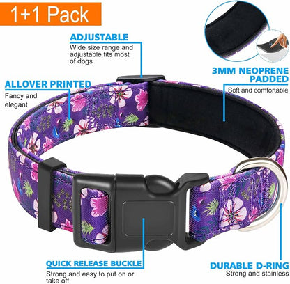 Ladoogo Reflective Dog Collar Padded with Soft Neoprene Breathable Adjustable Nylon Dog Collars for Small Medium Large Dogs (Medium (Pack of 1), Purple/Pink Floral Collar+Leash)