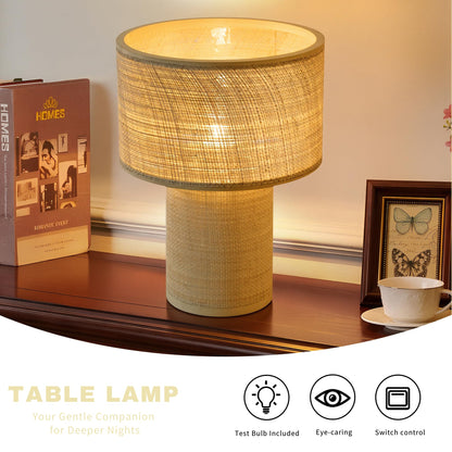 Booniture Handwoven Table Lamp, Boho Bedside Lamp with Linen Shade, Bamboo and Rattan Woven Desk Lamp for Bedroom Living Room Nightstand