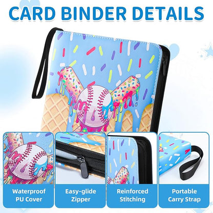 Ice Cream Drip Pattern Baseball Card Binder Waterproof Trading Card Binder Portable Collector Cardholder Album Case Gifts Baseball Cardholder for Boys Sports Game Supplies (440 Pocket,Blue)