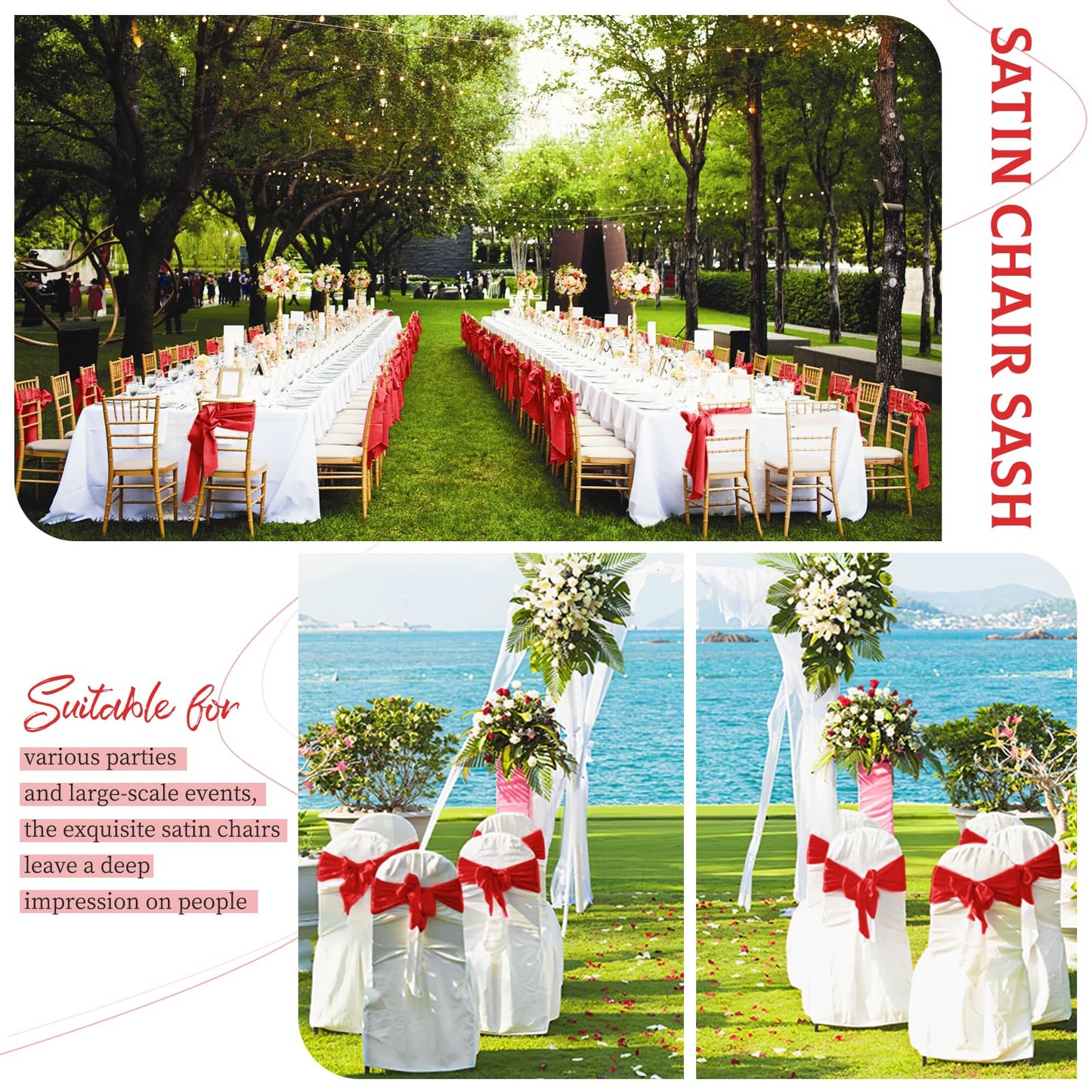 LOKUME 100 PCS Satin Chair Sashes Bows, Red Ribbon Ties Back Sash for Wedding Birthday Banquet Party Hotel Event Cover Decoration (7 x 78 Inch)