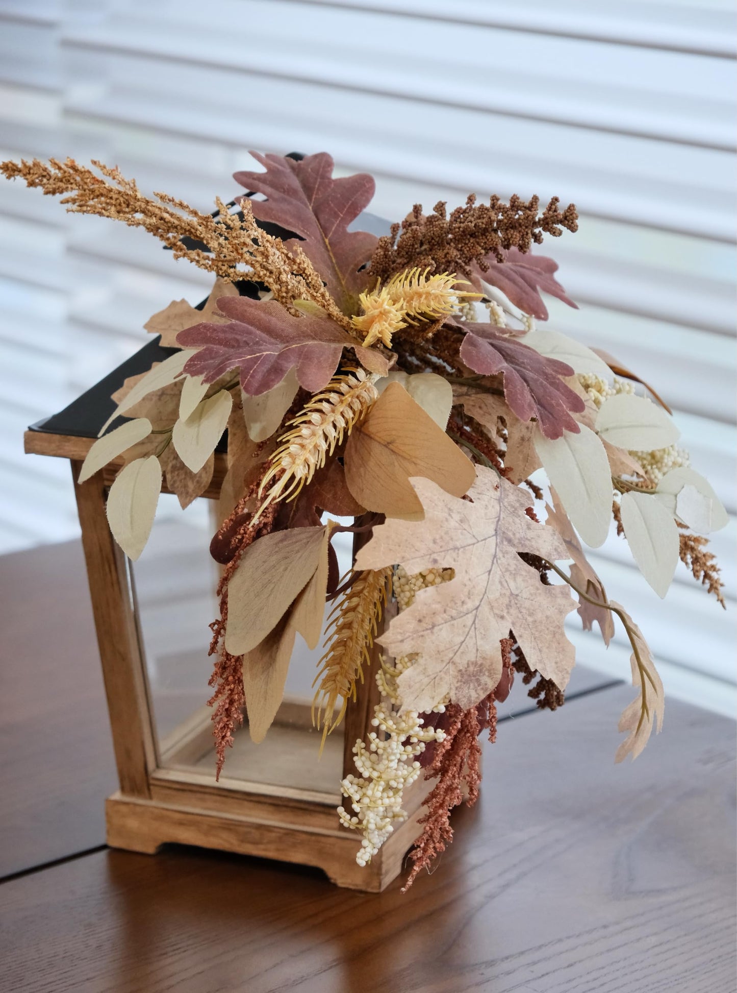 LushNook Fall Lantern Decoration, Large Wooden Hurricane Candle Lantern Decorated with Autumn Wheat Leaves, Fall Decor for Home, 14" Tall