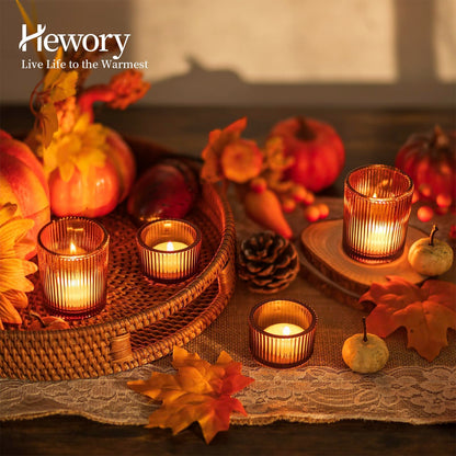 Hewory Glass Tealight Candle Holder: 8 Pcs Amber Votive Candle Holders Tea Lights Candle Holder, Ribbed Tea Light Holders Fall Decorations for Thanksgiving Table Centerpiece Wedding Party Home Decor