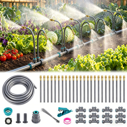 39 FT Drip Irrigation System - Double-Head 360° Adjustable Garden Watering System with 24 Spray Nozzles, Garden Atomizing Misting System & Irrigation System for Garden, Greenhouse, Yard, Lawn, Plants