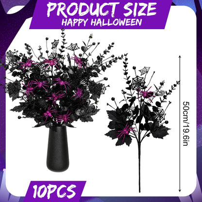 Giegxin 10 Pcs Halloween Floral Picks Halloween Decorations 19.5inch Black Artificial Flowers Branches Eucalyptus Stems Glitter Spiderweb Maple Leaf Stems for Home Indoor Party Vase Arrangement Decor