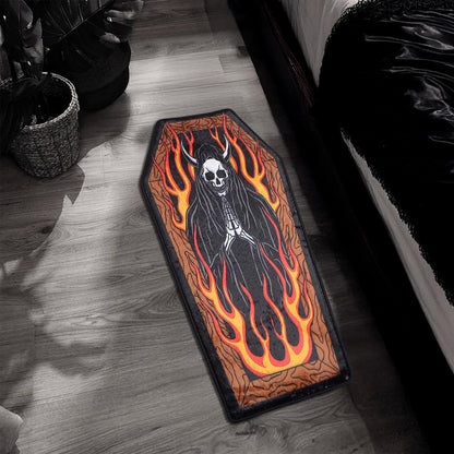 Rugendary Grim Reaper Coffin Rug Gothic Fire Skeleton Carpet for Bedroom Halloween Horror Decor Scary Death Flame Nonslip Bedside Spooky Mat 1.3x2.6