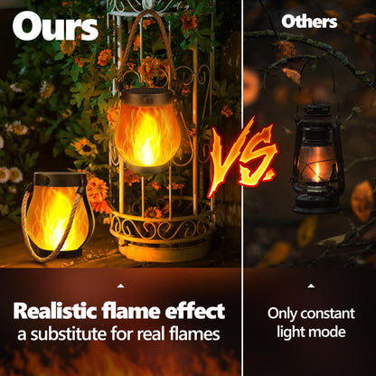 iBaycon 2 Pack Gen2 Solar Lanterns Lights, Ultra-Real Flame Garden Lights with Dual Charging USB & Solar, 2 Modes Outdoor Waterproof Hanging Lantern for Yard Home Brithday Gifts (Warm White)