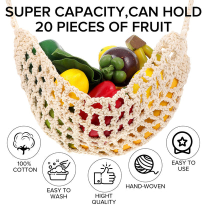Hanging Fruit Hammock with Hooks Under Cabinet Macrame Basket for Kitchen Hand-Woven Boho Fruit Holder Net Organization Banana Basket for Home Dining Room Cabinet Decor Boat Camper Rv