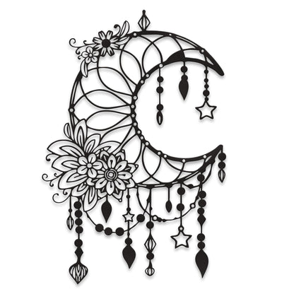 Xedatric Matte Black Moon Phase Wall Decor–Elegant Metal Moon Wall Art with Floral & Hanging Stars–Celestial Bedroom Decor for Indoor & Outdoor