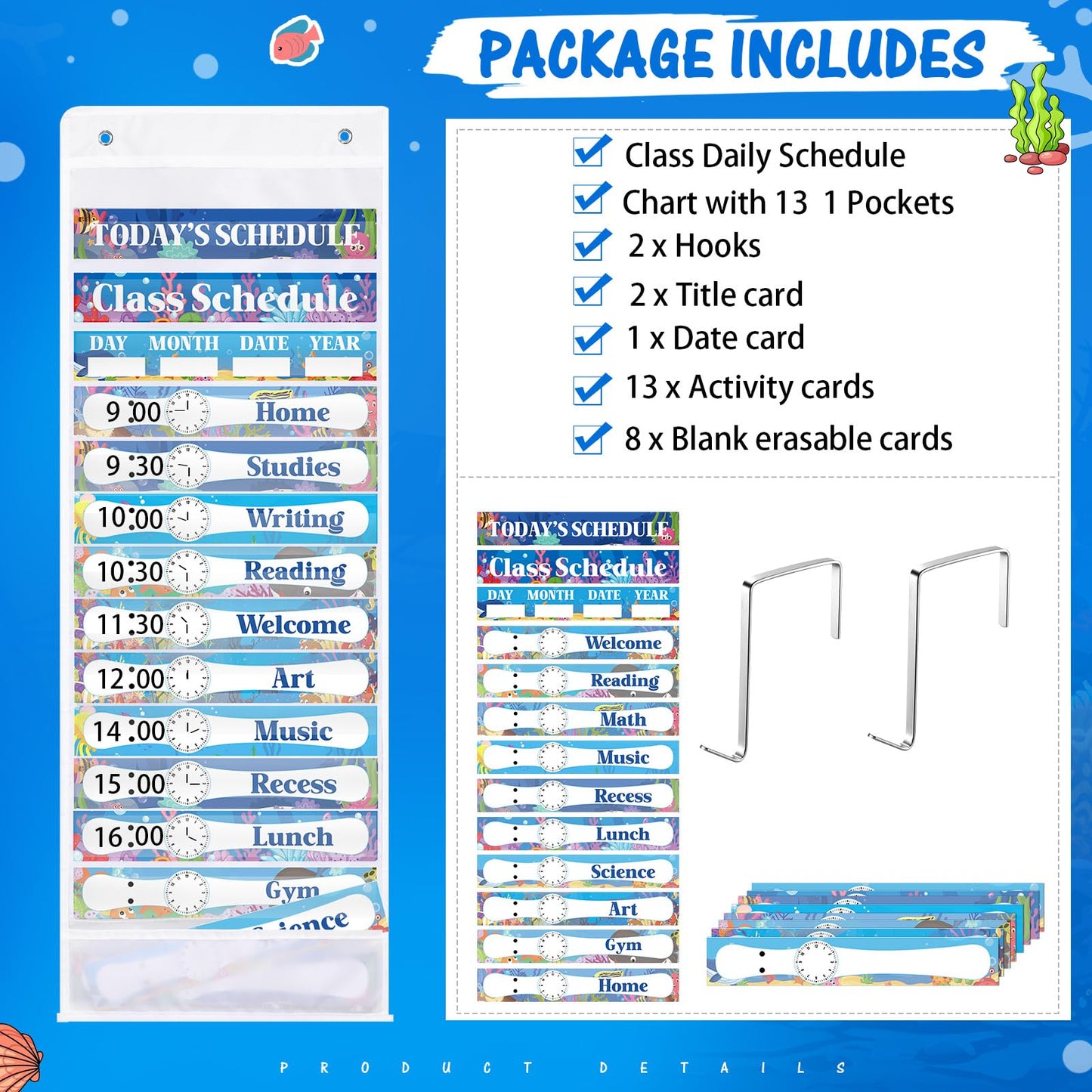 Sunnymove Ocean Daily Schedule Pocket Chart For Classroom Decor With 13+1 Pockets And 42 Designed Schedule Cards, Teacher Supplies For Preschool Classroom Home Office Back To School Decorations