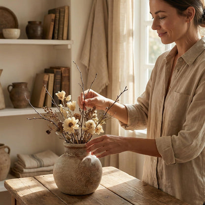 Sawoake Farmhouse Table Vase, 5.7 Inch Ceramic Pot, Rustic Boho Terracotta Decor for Shelf, Mantel, Bookshelf, Living Room, Handmade Aged Look Centerpiece