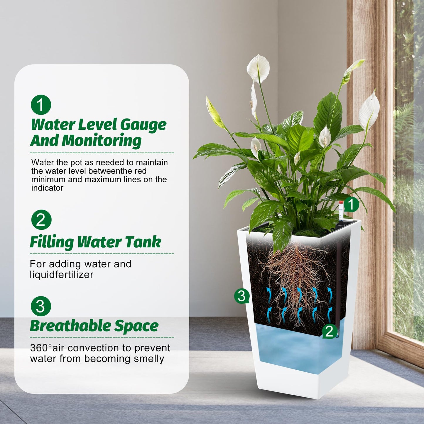 PeakPursuit 16" Tall Planters Set of 2, Outdoor＆Indoor Black Planter Pots, High Front Porch Planter Pots with Drainage Holes＆Water Level Monitor＆Inner Bucket, Automatic Watering, White