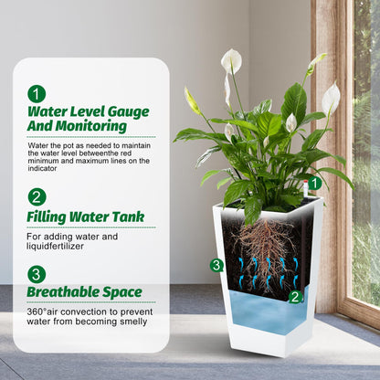 PeakPursuit 16" Tall Planters Set of 2, Outdoor＆Indoor Black Planter Pots, High Front Porch Planter Pots with Drainage Holes＆Water Level Monitor＆Inner Bucket, Automatic Watering, White