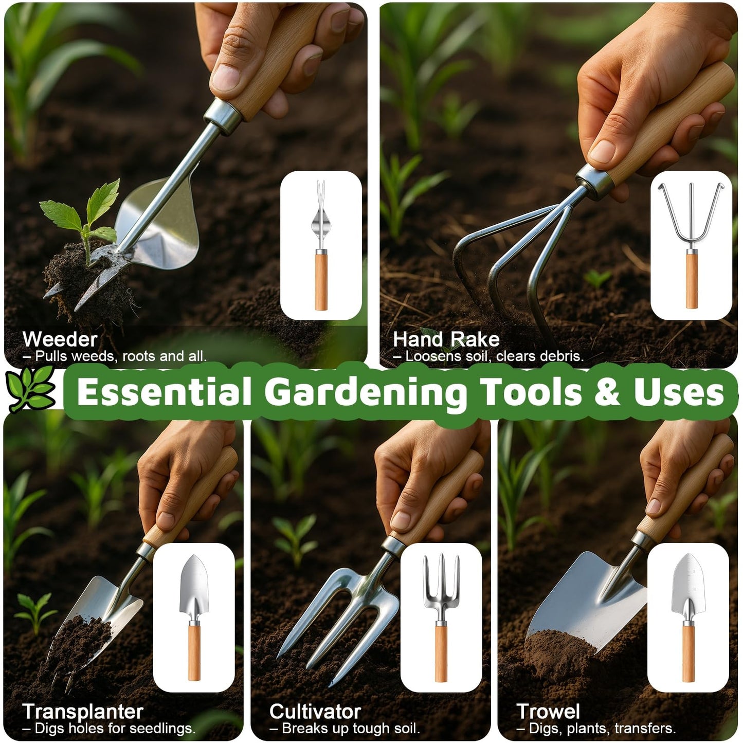 Gardening Tools 10-Piece Heavy Duty Gardening Tool Set with Fashion Durable Tote Organizer Bag, Rust-Proof Non-Slip Hand Tools, Ideal Gardening Gift for Women Gardener Gifts