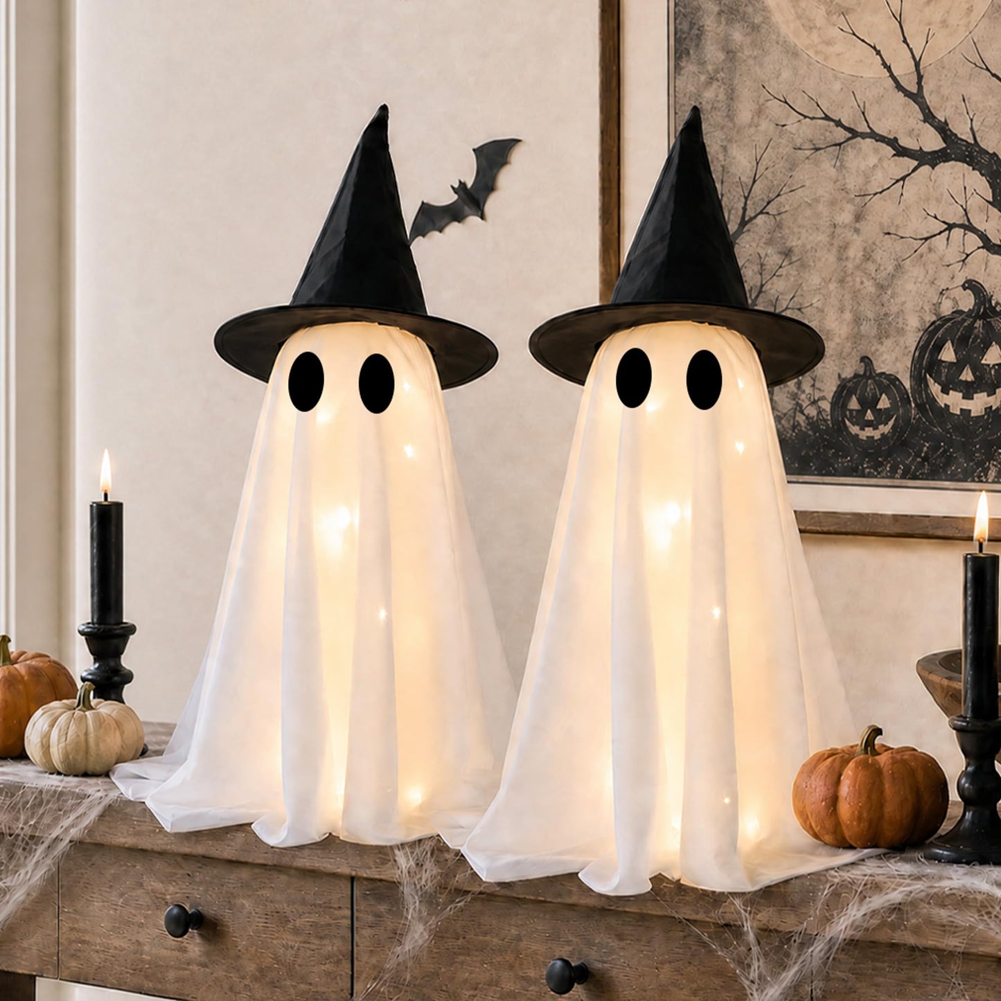 Halloween Decorations-Set of 2 Light-Up Ghosts with Witch Hats, Ghost Table Centerpiece-Spooky Tabletop Decor for Mantel Dining Table Party Indoor Home