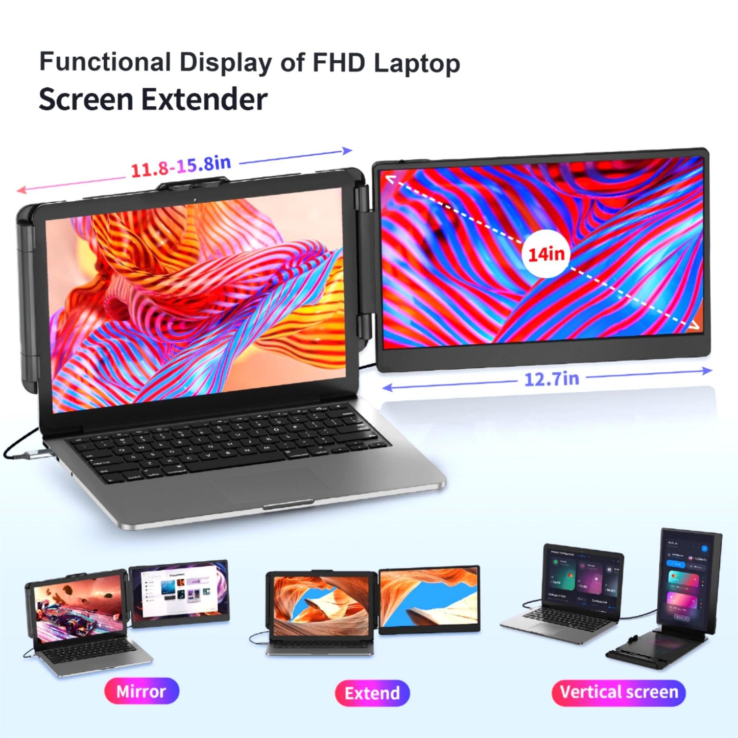 Laptop Screen Extender, 14'' FHD 1080P IPS Ultra-Thin Dual/Triple Monitor Display, HDMI/USB-C Plug-Play Portable Monitor for Laptop, Built-in Speakers(Mac, Win, Android)