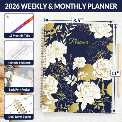 SUNEE 2026 Weekly and Monthly Planner - from January 2026 - December 2026, Daily Agenda Planner with Monthly Tab, Flexible Cover, Note Pages, Pockets, Bookmark, Spiral Binding, Vintage Floral, 8.5"x11"