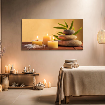 SLYCAY Oversized Large Meditation Zen Stone Canvas Wall Art, Yellow Candle Spa Wall Decor Minimalist Neutral Calming Prints Yoga Room Bathroom Bedroom Office Living Room 29"X58"