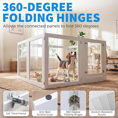 Heavy Duty Clear Acrylic Dog Playpen for Small/Medium Pets – 32" High Clear Pet Pen with Sturdy Metal Frame, Walk-in Kennel, Expandable Indoor & Outdoor Pet Play Yard