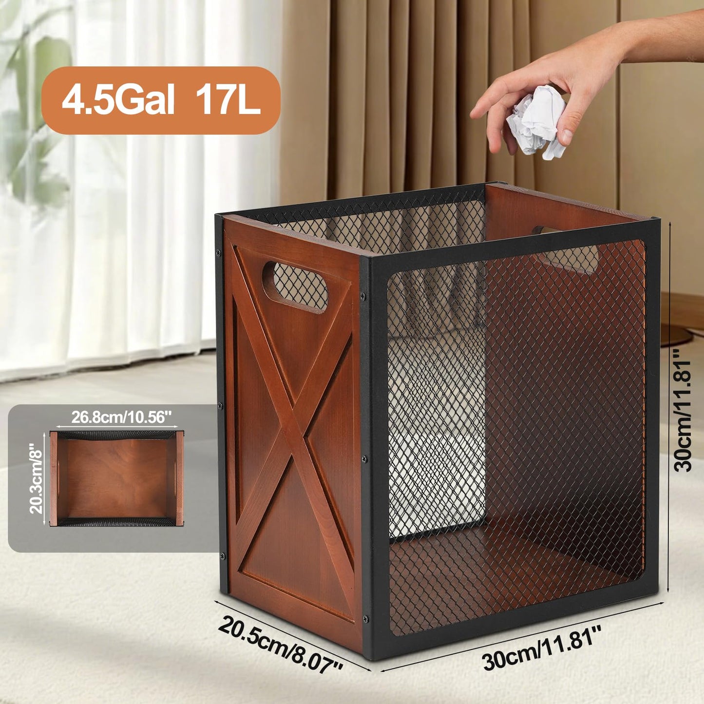 Rustic Office Trash Can - Rectangular Waste Basket with Iron Mesh, 4.5 Gallon Wooden Garbage Can, Bathroom Garbage Bin with Handles, Decorative Trash Can for Home Office Bedroom