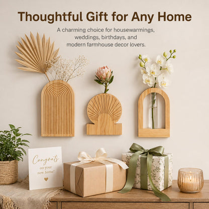 TBWIND Wooden Wall Vases Set of 3, Modern Farmhouse Arch Propagation Station with Glass Planter Tubes, Boho Fluted Hanging Decor for Entryway, Living Room & Narrow Spaces (Natural)