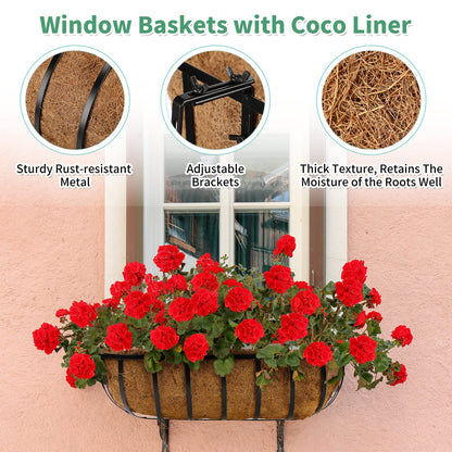 Tessco for you 6 Pieces Railing Planter Boxes, 24 Inches Window Box Planters with Coco Liner and Adjustable Brackets for Deck Porch Fence Patio Balcony Gardening Outdoor Plants