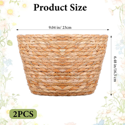 Leooomap 2 Pack Straw Woven Plant Basket with Plastic Liner, Natural Rattan Flower Pot Cover for Indoor Potted Plants, Farmhouse Boho Home Floor Decor - 9.04x9.04x6.48 Inches