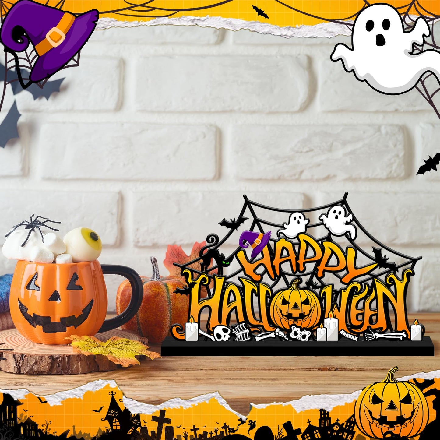 Halloween Decorations for Home Metal Tabletop Sign, Spooky Pumpkin Ghost Table Decor Rustic Farmhouse Halloween Tiered Tray Decor Metal Sign Tabletop Centerpiece for Home Mantel Shelf Desk