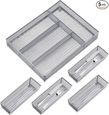 Neudeco Drawer Organizer Set, Silver, 5 Pack | 4-Compartment Silverware Tray, 4 Utensil Trays, Silver Mesh, Non-Slip, For Flatware, Cutlery, Office Supplies