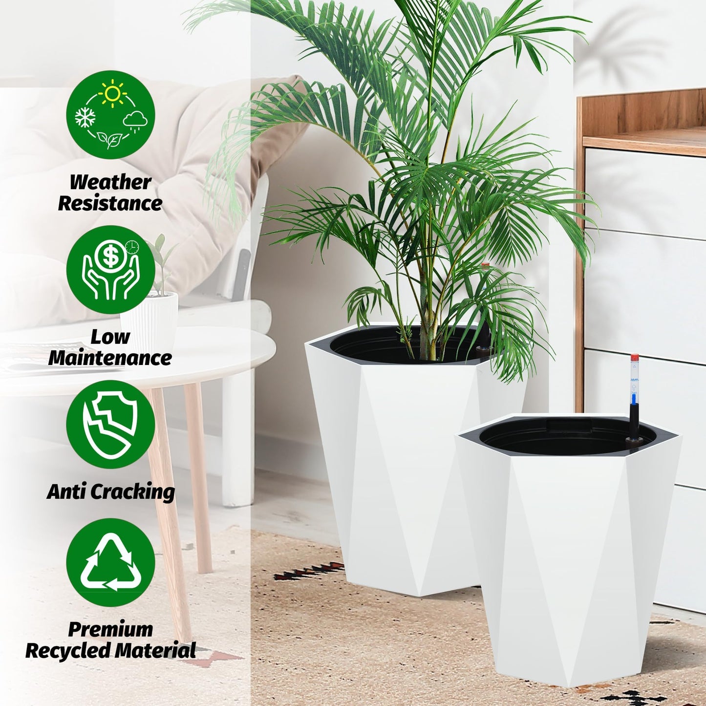 16" White Tall Planters Outdoor Set of 2, Large White Flower Pots Outdoor with Drainage Holes & Automatic Watering System, Modern Large Resin Planters for Outdoor Plants, Front Porch, Deck, Diamond