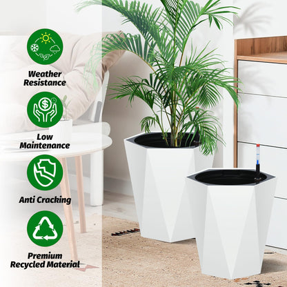 16" White Tall Planters Outdoor Set of 2, Large White Flower Pots Outdoor with Drainage Holes & Automatic Watering System, Modern Large Resin Planters for Outdoor Plants, Front Porch, Deck, Diamond