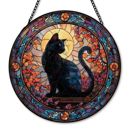Hxlac Black Cat Christmas Suncatcher Stained Glass Window Hanging, Gothic Black Cat Flower Sun Catchers Indoor Window Glass Round Wall Decor, Halloween Wall Art Hanging Decorations, ＂7.8x7.8＂