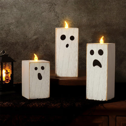 Treory Halloween Decorations: 3pcs Cute White Ghost Decor, Farmhouse Wooden Ghost Sign with Flameless LED Tea Lights, Rustic Room Decor for Kids Home Office School Desk Fireplace