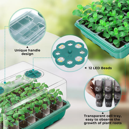 Hanaoyo 96 Cells Seed Starter Tray with Lights, 2 Packs Seed Starter Kit with Humidity Vented Domes and High Lid, Adjustable Brightness Germination Kit for Indoor Greenhouse Seed Starter