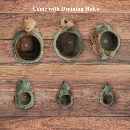 Okllen 6 Pack Mini Animal Ceramic Succulent Planter Set, Cute Elephant, Turtle, Owl, Snail, Succulent Pots with Drainage Hole, Ideal for Bonsai, Indoor, Outdoor
