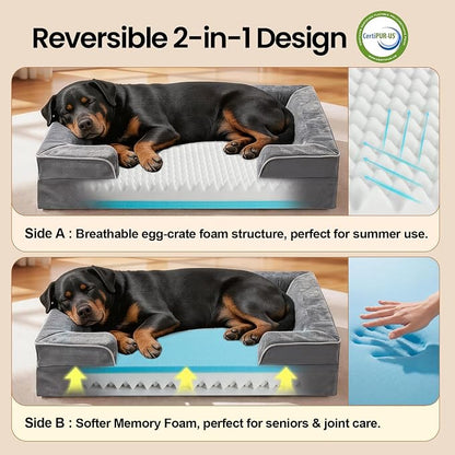 OhGeni Orthopedic Dog Bed Couch Big Cat Sofa for Extra Large Sized Pets with Memory Foam, Machine-Washable Waterproof Removable Cover, Soft Comfortable Fabric, 45-inch (Gray)
